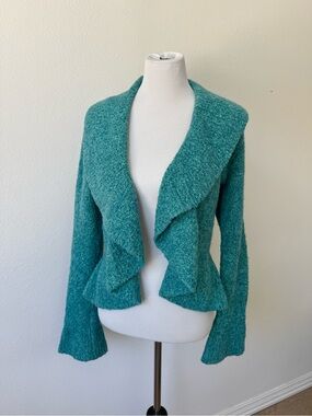 Moda International Teal Ruffle Cascade Open-Front Bell Sleeve Cardigan